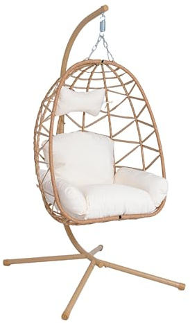 Hängesessel Ei mit Kissen & Gestell – Freistehender Hängestuhl für Innen & Außen – Faltbarer Schaukelstuhl für Garten, Terrasse & Balkon – 1-Sitzer, bis 180 kg belastbar (Gelb)