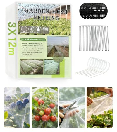 Cynrikah Rete Anti Insetti, 3Mx12M Telo Zanzariera da Giardino Maglia Fine | Rete per Zanzariera Rete Anti Insetti per Orto Uccelli Frutta Fiori Piante, Balcone e Giardino, Piscina, Picchetti e Rondelle