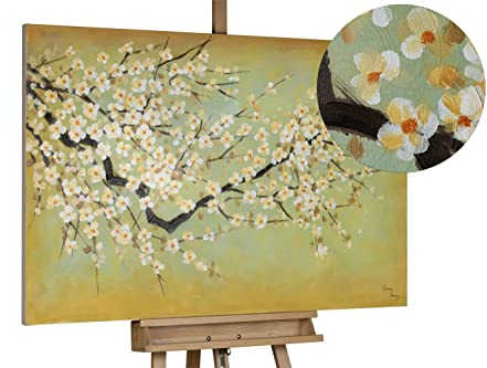 KunstLoft Leinwandbild | 100% HANDGEMALT | 120x80cm | Gemälde 'Kirschblüten' | Blüten | Gelb Weiß | Wandbild Wohnzimmer