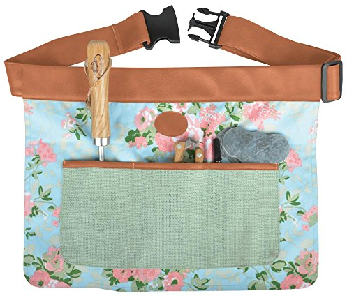 Esschert Design Cintura da giardino in iuta con stampa rosa, 46 x 1 x 34 cm, con marsupio, con chiusura a clip