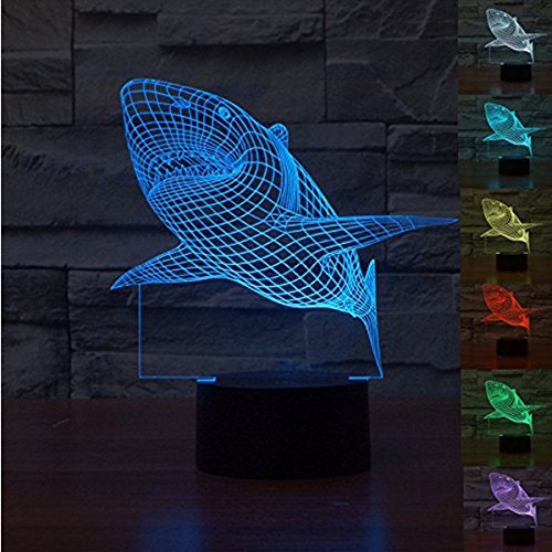 KINGCOO 3D Tisch Nachttischlampen, 3D Optische Visualisierung LED Licht USB Schreibtischlampen Stimmungslichter Touch Schreibtisch 7 Farbwechsel Atmosphäre Lampe (Hai)
