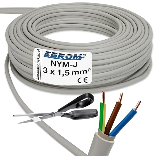 EBROM NYM-J 3x1,5 mm² Mantelleitung Installationskabel grau - Länge: 70 m | 5m bis 250 m, Installationsleitung Feuchtraumkabel für die feste Verlegung in trockenen + feuchten Räumen 3x1,5 mm2 300V/500V