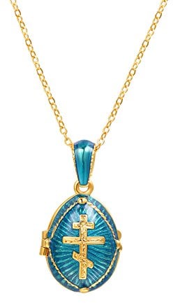 U7 Damen Medaillons Halskette Russische Orthodoxe Kreuz Oval Anhänger Andenken Katte Schmuck Medaillon Mode Freundschaftskette Halskette Valentinstag für Männer Frauen 08 Blau