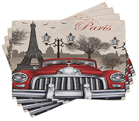 ABAKUHAUS Retro Platzmatten, Europäische Pariser Stadt-Landschaft mit altem Auto Mousque und Eiffel-Schattenbild-Kunst, Tiscjdeco aus Farbfesten Stoff für das Esszimmer und Küch, Creme Grau Rot