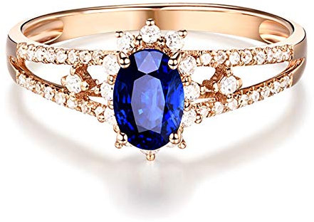 Daesar 18 Karat Gold Ringe Damen Halo Blau Saphir 0.7ct Verlobungsring Rosegold Ring mit Diamant Echt Gr.58 (18.5)