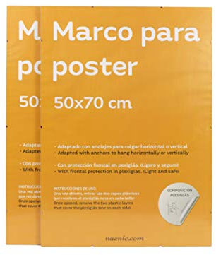 Nacnic - Pack 2 Marcos Clip Transparentes de Vidrio Acrílico sin bordes | Protección y Expositor de Fotografías, Láminas, Pósters y Decoración para Salón, Dormitorio u Oficina | 50x70 cm