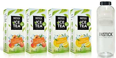 INSTICK Ice Tea Zuckerfreies Instant-Getränk (Eistee Pfirsich & Eistee Zitrone + 1L Trinkflasche) 48 Sticks - 1 Stick für 1,5-2,5L - Veganes Getränkepulver Kalorienarm & Vitamin C - Instant-Pulver
