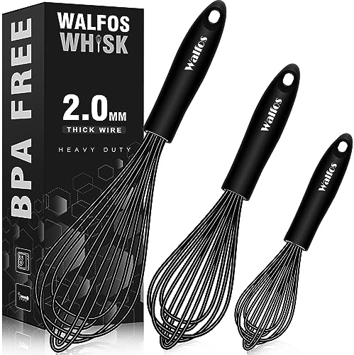 Walfos Silikon-Schneebesen, Edelstahl-Draht-Schneebesen, 3er-Set – hitzebeständige Küchenbesen für antihaftbeschichtetes Kochgeschirr, Ballon-Eierschlägel, Aufschäumen und Rühren, schwarz