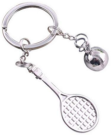 Llavero, joyas para bolso, pala y pelota de tenis, color plateado de acero.