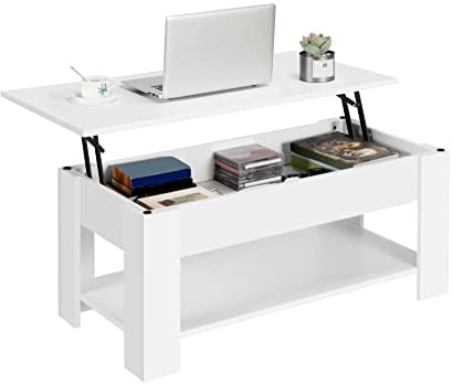 Yaheetech Lift Up Top Coffee Table with Storage Compartment and Shelf Wooden Hydraulic Tea Table Desk for Office Living Room Furniture, White