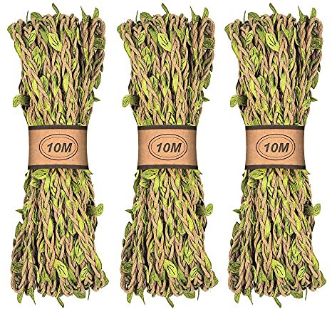 3 x 33ft ruban de vigne artificielle avec feuille de lierre guirlande ruban de vigne décoratif ficelle de feuille cordon ciré fausse plante pour emballage de mariage de Noël (Beige Vine)