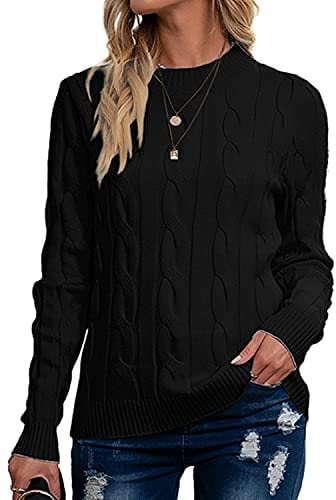 Breampot Women Cable Knit Jumper Casual Basic Long Sleeve Pullover Sweater Tops(Black,X-Large)