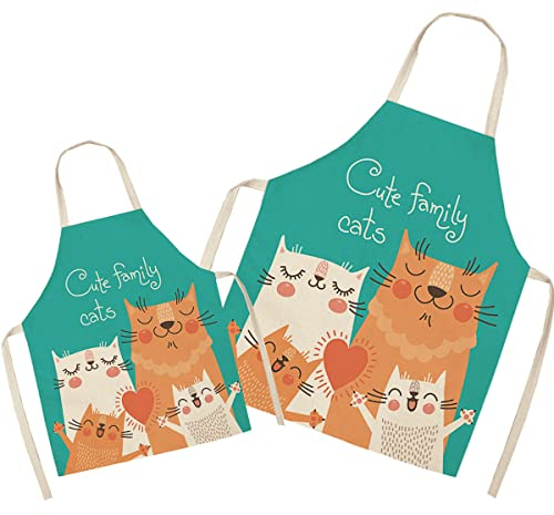 Familie Katze passende Schürze für Eltern und Kind zum Kochen, Malerei, Gartenarbeit – schöne Muster-Leinen-Eltern- und Kinderschürze für die Familienzeit, Mutter-Vater-Tochter-Sohn-Küchenschürze