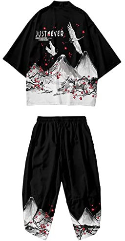 DOSLAVIDA Herren Japanischer Kimono Cardigan Anzug Chinesischer Stil Gedruckt Jacke Hosen Set Open Front Sieben Ärmel Top & Shorts, Stil 2-schwarz 2, 5XL