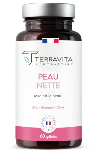 PEAU NETTE | Action Détox Anti Acné & Points Noirs | Zinc Bisglycinate 10mg + Bardane + Biotine + Propolis | Régule la Production de Sébum | Système Immunitaire | 60 Gélules Made in France | Terravita