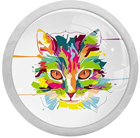 Lurnise Fluoreszenz Möbelknöpfe Schubladen Knöpfe Kristall Griffe Türknöpfe Für Schränke Kommode Schublade 4 Stück Regenbogen-Kätzchen 3.5x2.8cm