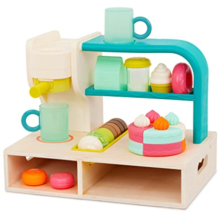 B. toys – Mini Chef Coffee Shop Playset, Pretend Barista & Baking Set with Machine, Cups, Bakery, and Delicious Desserts for Role – Play Fun, Encourages Creative Imagination for Toddlers 3+ Years