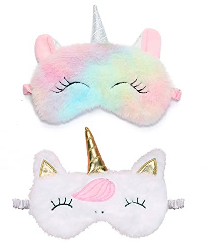 Lot de 2 Animaux Masque pour Les Yeux de Sommeil, VEGCOO Masque de Sommeil Enfant en Peluche Mignon 3D Moelleux Masque, Masque De Nuit Enfant Pour Voyage Enfant Adults Licorne