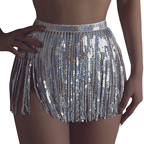 Rave Rock Bauchtanz Hüfttuch Kostüm Latin Dance Röcke Pailletten Quaste Fransen Hüfttuch Outfits Rock Gürtel Festival Kleidung Hüftschal Rave Outfit für Damen (Silber, XXL)