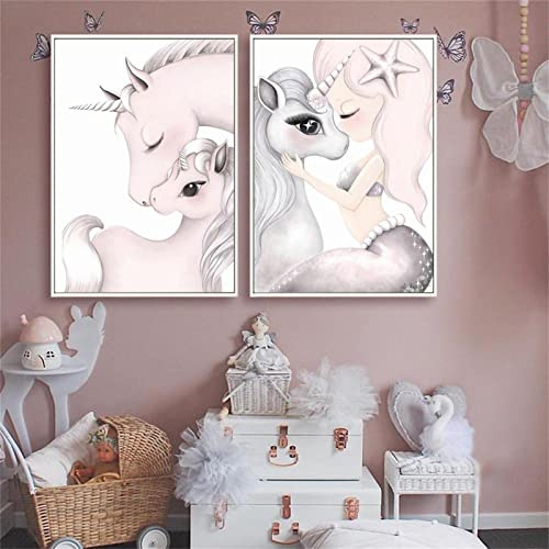 Sarah Duke 2er Set Poster Einhorn Wandbilder Kunstdruck Bilder Set Babyzimmer Deko Rosa Kinderzimmer Deko Kinderbilder Junge Mädchen (40x50 cm)