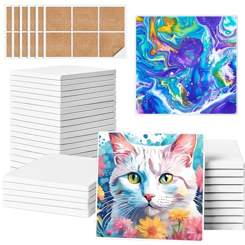 GOH DODD Keramikfliesen zum Basteln, unglasierte Blanko-Untersetzer, weiße Fliesen mit 36 Korkrückseiten für Alkoholtinte, Malerei, Acrylgießen, Kunstprojekte, quadratisch, 10,2 cm, 36 Stück