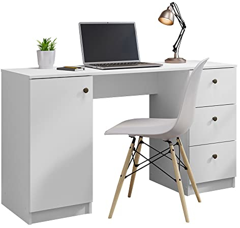 Madesa Executive Computer Writing Desk 53 Inch with 3 Drawers and 1 Door, Metalic Handles Wooden Home Office PC Study Table with Storage - White
