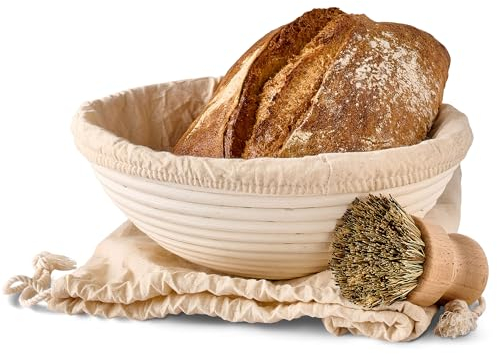 Praknu Cesta de Fermentación para Pan - Banneton Redondo 1 kg - 25 cm - Hecha de Ratán Sostenible - Juego con Cepillo, Tela de Lino y Bolsa para el Pan
