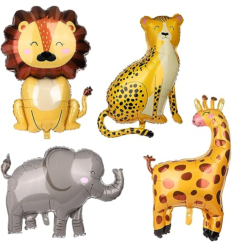 4 Stück Wildtier Ballon, 4 Stile Dschungel Safari Tier Ballons Große Party-Ballons mit Tiermotiv Elefant, Löwe, Giraffe, Gepard Folienballons Geburtstagsparty-Zubehör