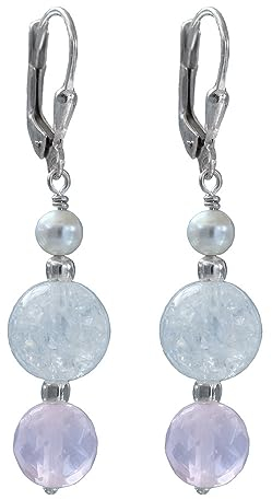 I-be, Perlas de agua dulce, cristal de roca, cuarzo rosa, piedras preciosas, pendientes de plata 925, longitud 4,8 cm en estuche de regalo, 38216825072253 KB, Plata de ley, amatista, cristal de roca,