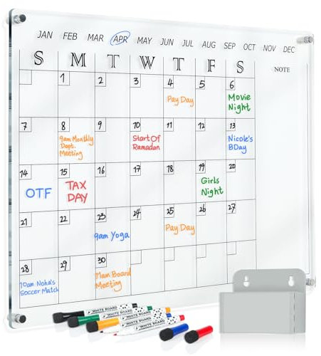 MAKELLO Clear Whiteboard Calendar, Acrylic Monthly Planner Whiteboard for Office, School, Home, Bedroom, Kitchen, 4 Pens, Pen Holder, Wall Mounted Screws, 60x45cm