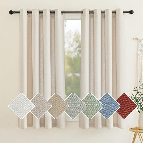 PONY DANCE Wohnzimmer Gardinen Kurz Leinenvorhänge Ösenschal 2er Set H 137 x B 140 cm Leinen Gardinen Natur Halbtransparent Boho Vorhänge für Küche/Badezimmer Kleine Fenster Linen Curtain