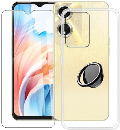 ZXLZKQ Clear Case for Oppo A59 5G (6.56) with 1 x Tempered Glass +360° Cell Phone Metal Ring Holder, Slim Soft Silicone Military Grade Shockproof Cover for Oppo A59 5G