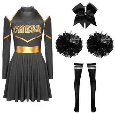 Aislor Cheer Leader Kostüm Damen Halloween Langarm Cheerleading Uniform Outfits Tanzkleid Mit Pompoms/harrband Karneval Cheerleading Kostüm I Schwarz S