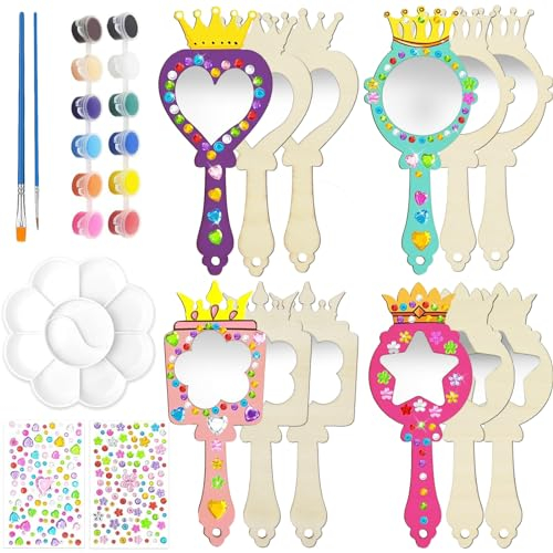 LUKIUP Prinzessin Bastelset Kinder, 12 Stück Prinzessin Spiegel, DIY Bastelset Kindergeburtstag, Mädchen Kosmetikspiegel, 3 4 5 6 7 8 9 10 Jahre Mädchen Kindergeburtstag, Prinzessin Geburtstagsfeier