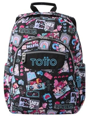 TOTTO - Mochila Escolar Adaptable a Carro, Modelo Acuareles, Capacidad 20 L, Bolsillo para Pc 14, 2 Bolsillo Botella, Espaldar Ergonómico con Flujo de Aire, Cómodas Correas en S, Estampado Misato