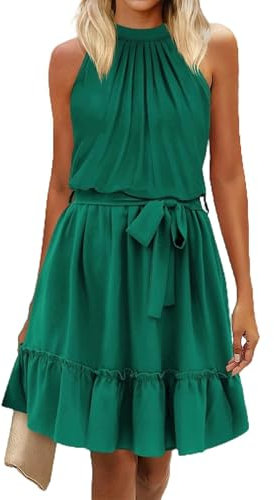 Nuovo Vestito Stringato da Donna con Scollo all'Americana per la Primavera e L'Estate - Verde Scuro - S