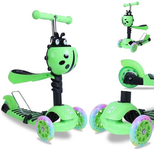 Habib Gruppe 3-in-1 Kinderroller für Jungen und Mädchen - Abnehmbarer Sitz, LED-Räder, Höheverstellbarer Lenker, Tretroller - Kinder Roller Outdoor Spiel, für 2-8 Jahre Kinder - Grün