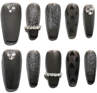 Sun&Beam Nails Handgefertigte Press-On Nails Medium Ballerina Grau (#170 S) | Grau-Schwarz mit Herzmotiv, Strassdetails und feinem Schimmer, 10-teiliges Set