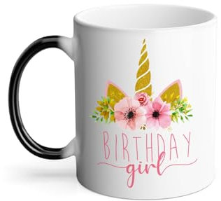 Thermo-Reactive Magic Mug - Birthday Girl Unicorn Birthday Calligraphy Message Flowers - 325 ml