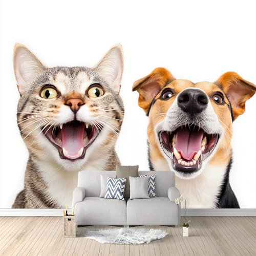 Wallpaper 250 x 175 cm Non-Woven Premium Art Print Fleece Wall Mural Decoration Smiling cat and Dog Bedroom Home Poster Decoration White and Dark Yellow