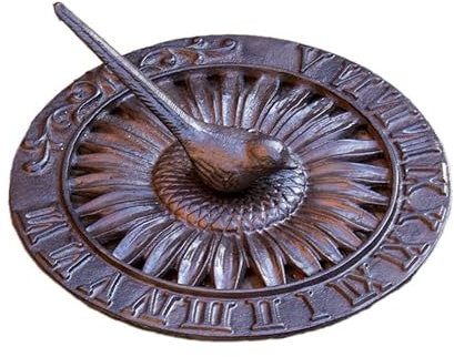 Cast Iron Bird Sundial 24cm Antique Brown Garden Decor Flower Sun Clock Statue