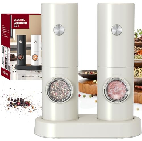 CIRCLE JOY Juego de Molinillo Eléctrico de Sal y Pimienta a Pilas con Base, Luz LED Blanca, Grosor Ajustable y Operación Automática con Una Sola Mano, Beige