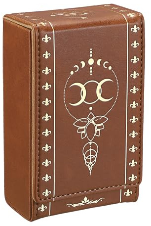 SUMTree PU-Leder Aufbewahrungsbox für tarotkarten Braun 8.2x4.5x13.5 cm | Mondphase Veranstalter, Täglich Oracle Card Organizer, Gold Tarotkarten Etui, Zur Aufbewahrung von Karten Aller Art