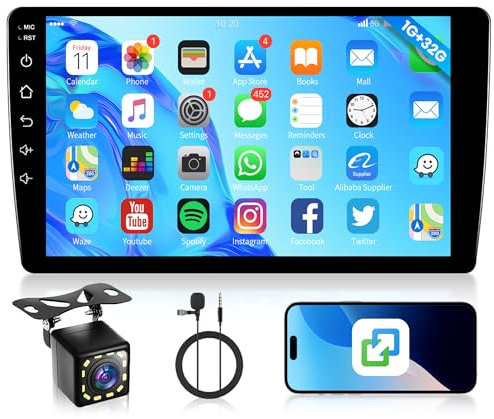 Rimoody Android Radio para Coche 2 DIN 9 Pulgadas Pantalla 2 DIN Radio Coche con iOS/Android Mirror Link Bluetooth GPS WiFi FM/RDS/OBD2/DAB+/DVR/USB Control del Volante Cámara Trasera