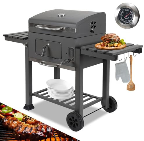 Jiubiaz Barbecue a carbonella XL con coperchio + ruote BBQ Smoker, con termometro, camino, doppi ripiani pieghevoli, 8 ganci e griglia, affumicatore per barbecue da campeggio e giardino, griglia a