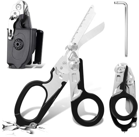 Rettungsschere Trauma Schere 6 in 1 Faltbar Trauma Schere Notfallschere Verbandsschere Mit K-Schutzhülle, Schraubenschlüssel für Professionelle Rettungsdienste, Outdoor Camping (Schwarz)