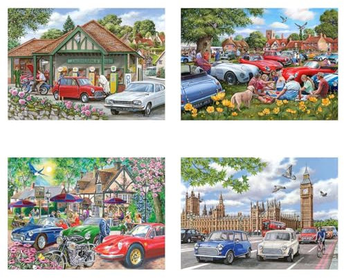 The House of Puzzles Nice Day For A Drive Jigsaw Set - 4 x 500 Piece Jigsaws For Adults, Multi Puzzle Pack, Artist Illustrated, Deluxe Puzzle Gifts, Sustainably Made