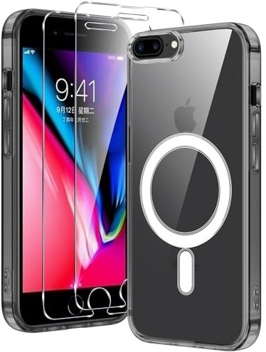 Xiltlly Magnétique Coque pour iPhone 7 Plus avec 2 Pièces Verre Trempés, Compatible avec MagSafe, Anti Rayures Antichoc TPU Bumper Housse Etui, Transparent