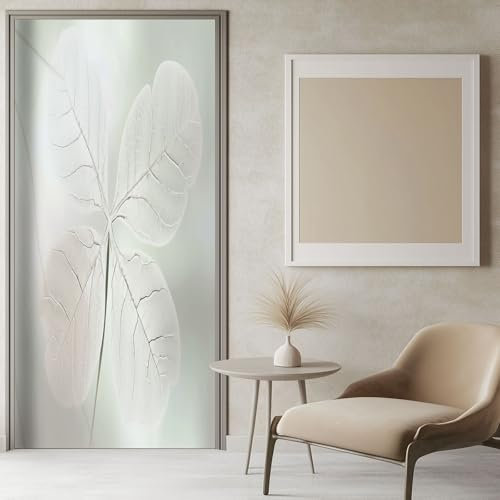 Autocollant Porte 3D Texture de feuille blanche 83x204 cm Blanc Papier Peint pour Porte Imperméable Salon Stickers de Porte, Autocollant de Porte Vinyle Porte Stickers Muraux