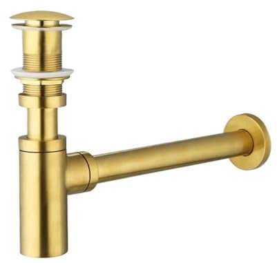 MWAHJU Siphon de lavabo en Laiton de 30 cm de Long, Siphon en P doré brossé avec bonde escamotable Non Fendue et crépine Fendue. for ÉVier(Without Hole)